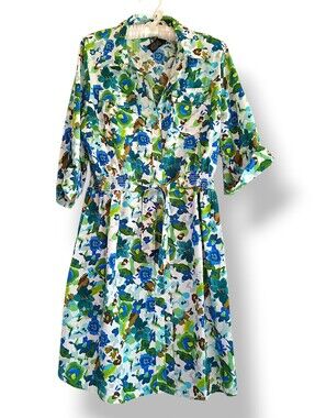 Millenium Blue Green Saturated Floral Button down Midi Dress Flowy Breezy Summer